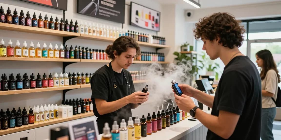 Customer selecting 電子煙油 in a vibrant vape shop with knowledgeable staff