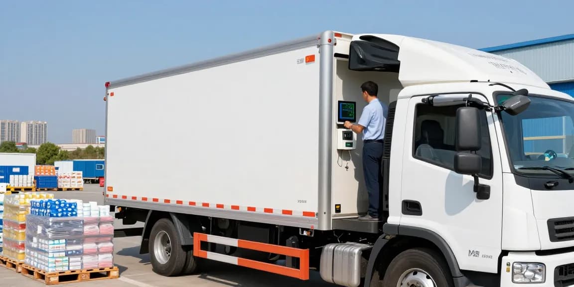 Ocargo Tiefkühltransporte von Dortmund, moderner Kühltransporter mit digitaler Temperaturüberwachung in Industrieumgebung