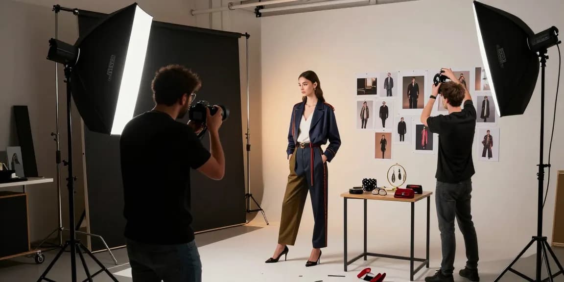 Servizio di studio fotografico Milano con fotografo e modella in un ambiente creativo.