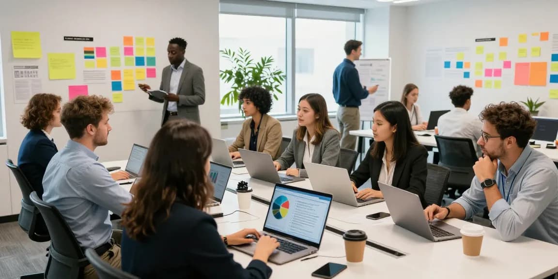 Companies collaborating in a modern office environment showcasing teamwork and innovation.