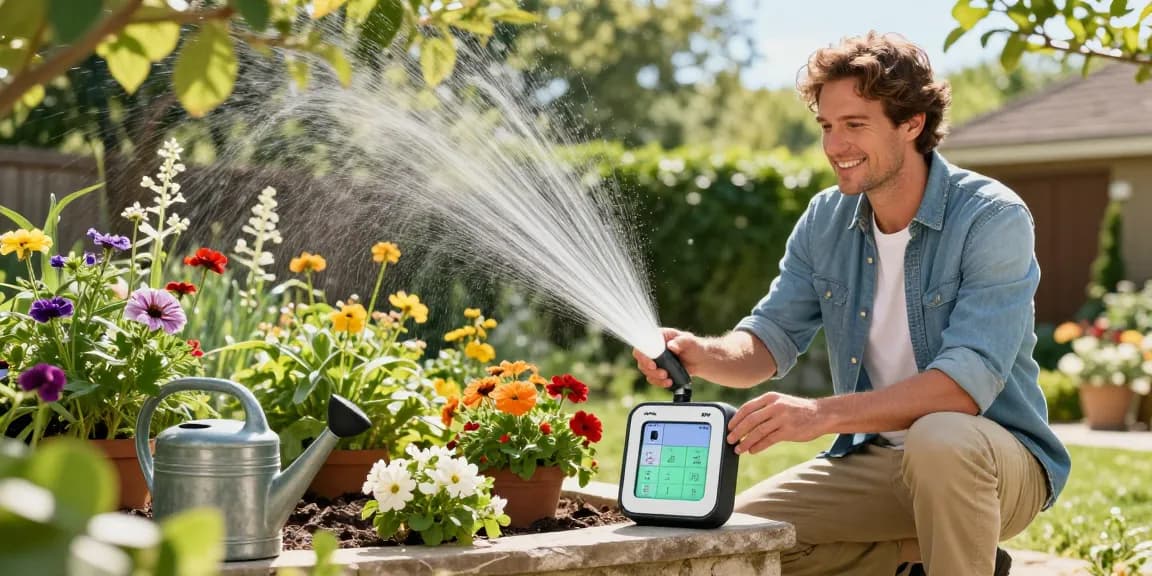 Homeowner setting the RainPoint sprinkler timer in a vibrant garden, ensuring optimal plant care.