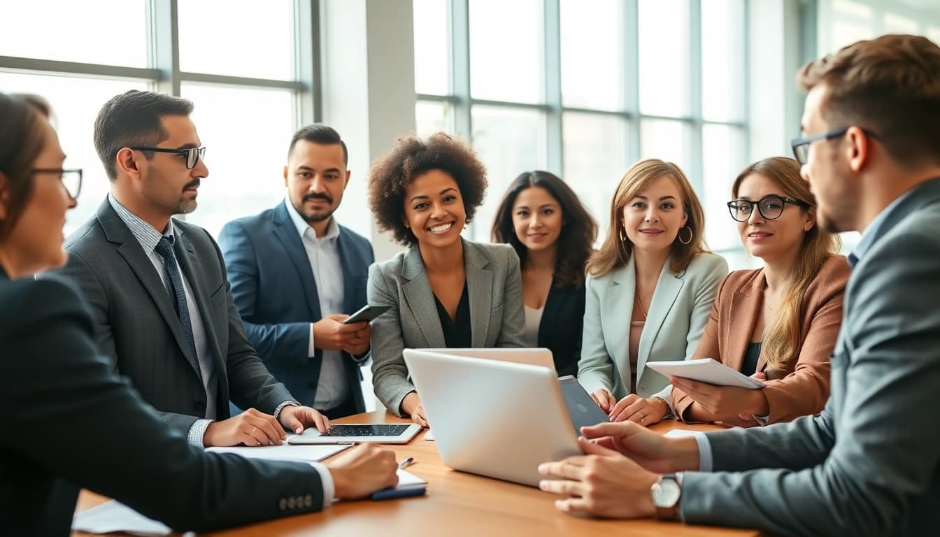 Interaktive geschäftliche Besprechung auf https://alvionz.de/ mit diversen Fachleuten in einem modernen Büro.