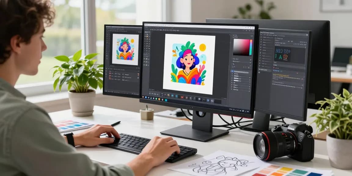 A digital artist using the Nano Banana 2 AI image editor in a modern workspace, showcasing vibrant creations.