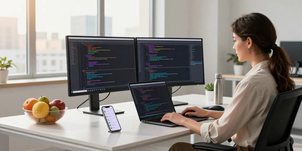 Dynamic workspace with a software developer coding at a desk, showcasing the essence of teiegramin.com.