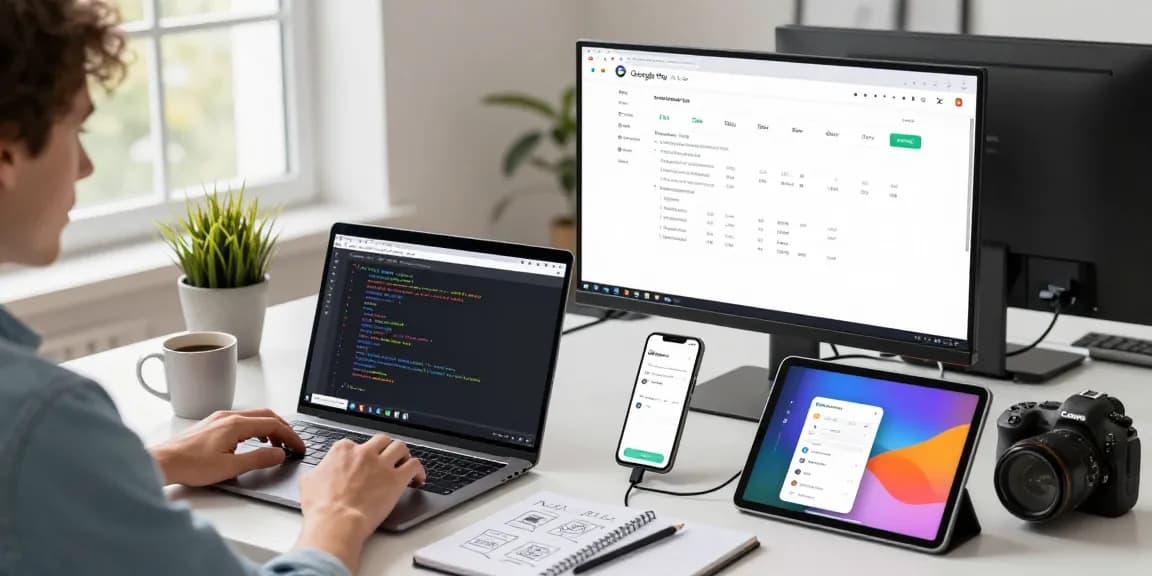 Developer publishing an Android app on Google Play from their modern workspace, showcasing coding in Kotlin, Android Studio interface, and Google Play Console.