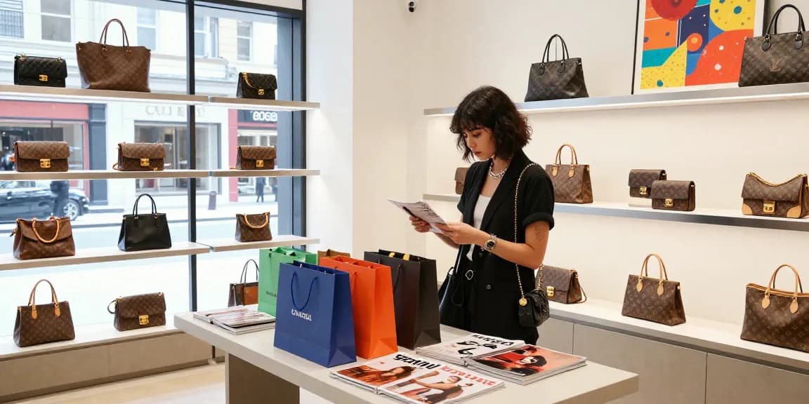 Stylish shopper exploring high-quality 레플리카 handbags in a chic urban store.