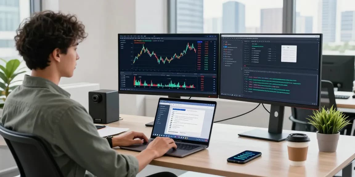 实时金融数据开发环境，使用WebSocket金融推送API的程序员在现代办公桌前工作。