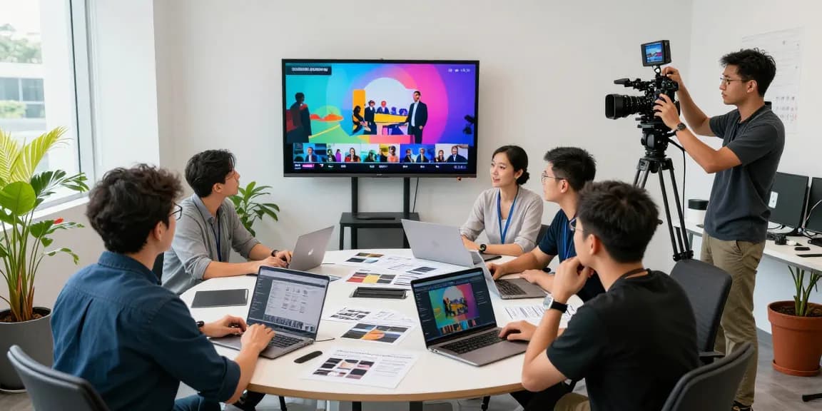 Creative team collaborating on Singapore Corporate Video Production in a vibrant studio.