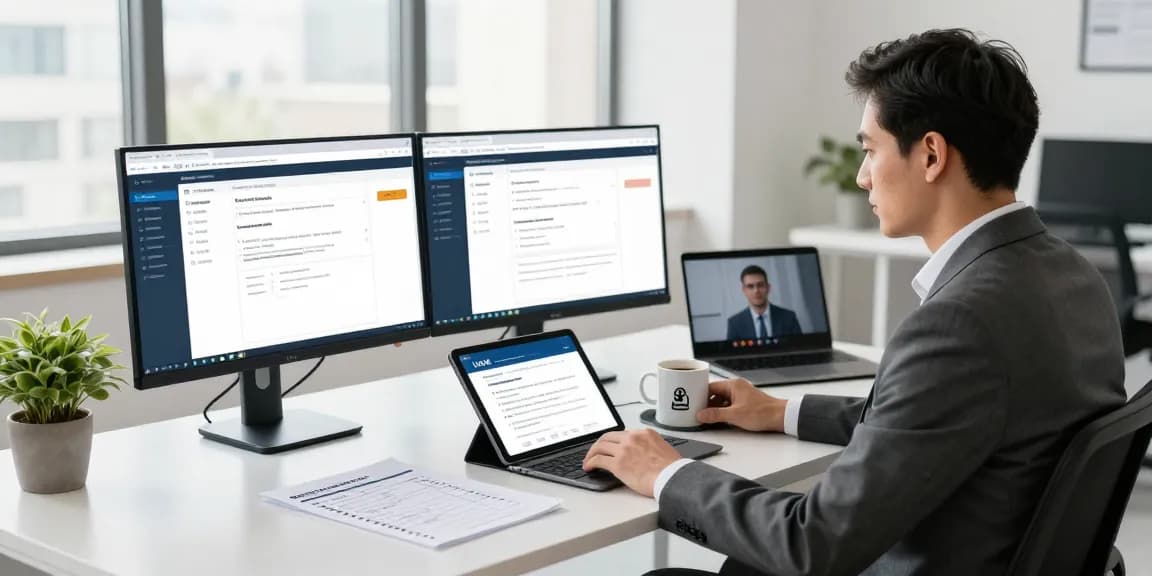 Consultant reviewing Cyber Essentials Plus cost certification requirements in modern office.