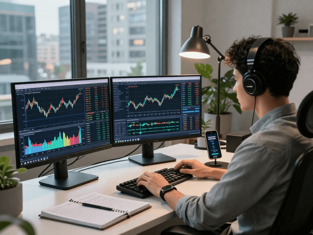 Dynamic TradingView trading setup with multiple screens displaying live market analysis in a modern workspace.