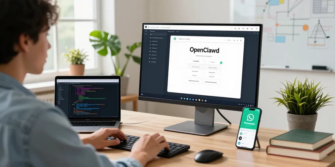 openclawd setup in a modern home office with personal AI assistant interface on screen