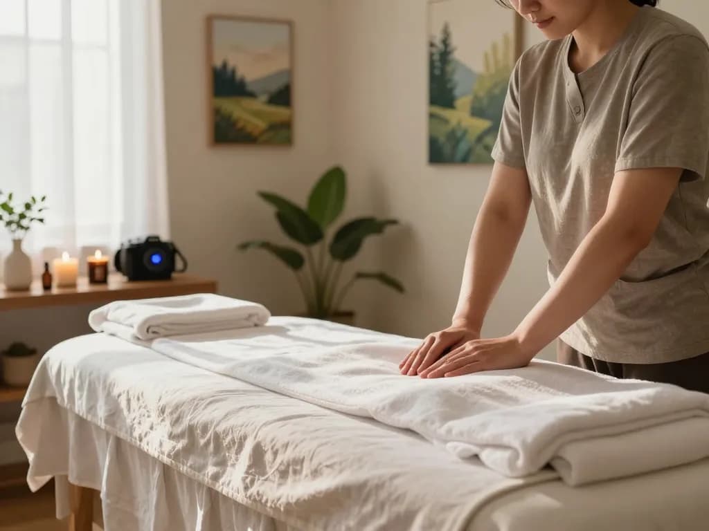 Relaxing 출장안마 session in a serene wellness therapy room with calming elements.