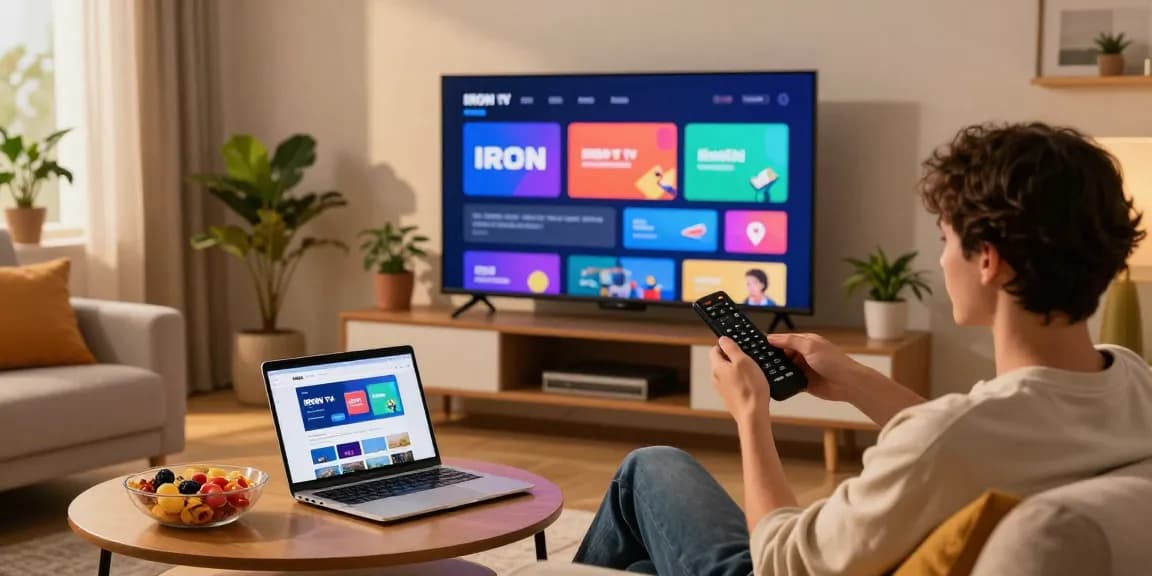 Utilisateur profitant d'IRON TV sur un téléviseur dans un salon accueillant