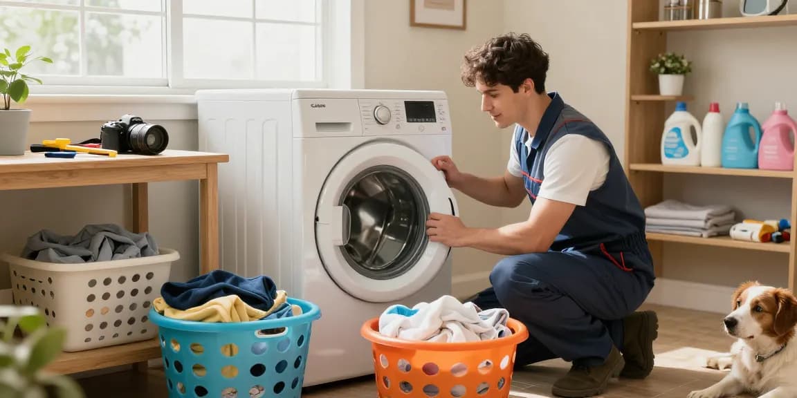 Expert technician providing Dryer Repair service in a warm home laundry room.