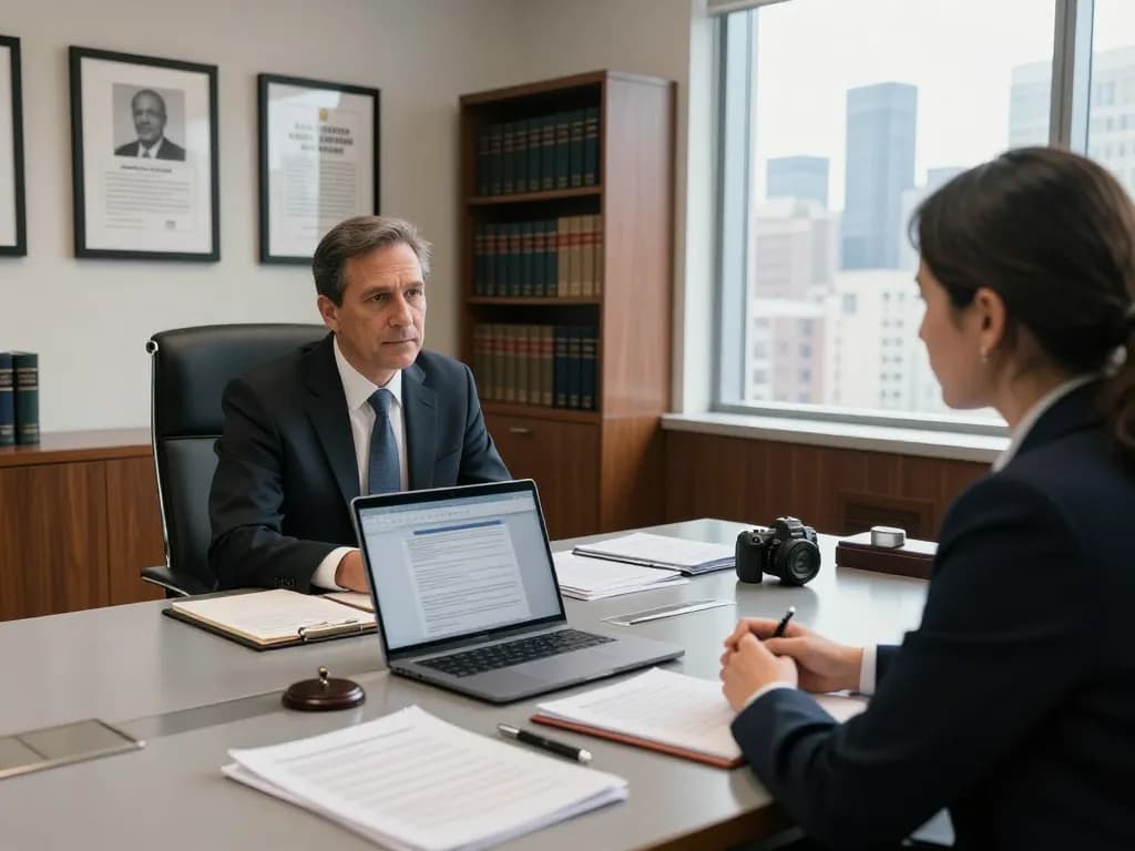New York City Personal Injury Lawyer consulting with a client in a modern law office.