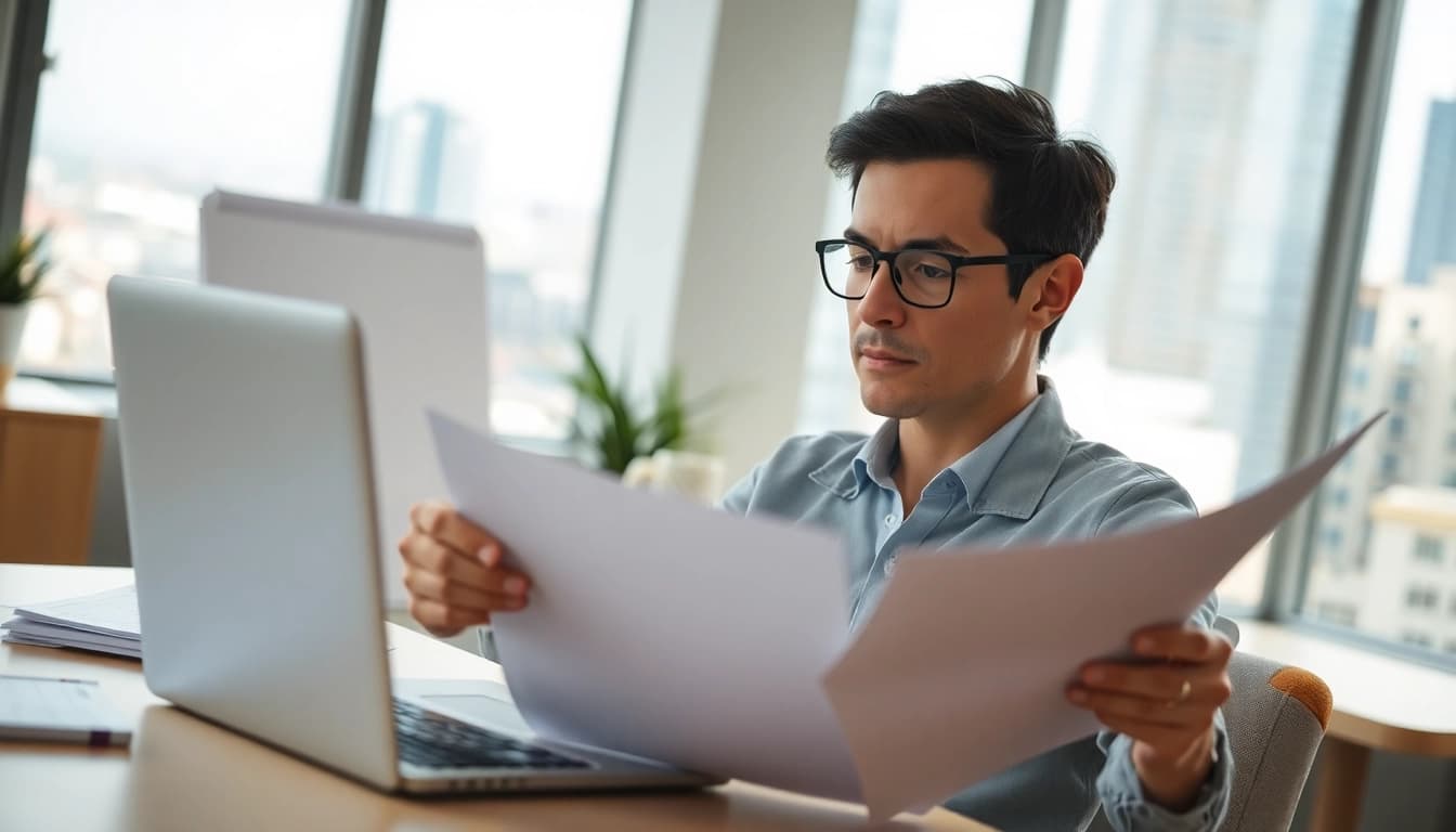 Consultant analyzing contracts and grants in a modern office setting.