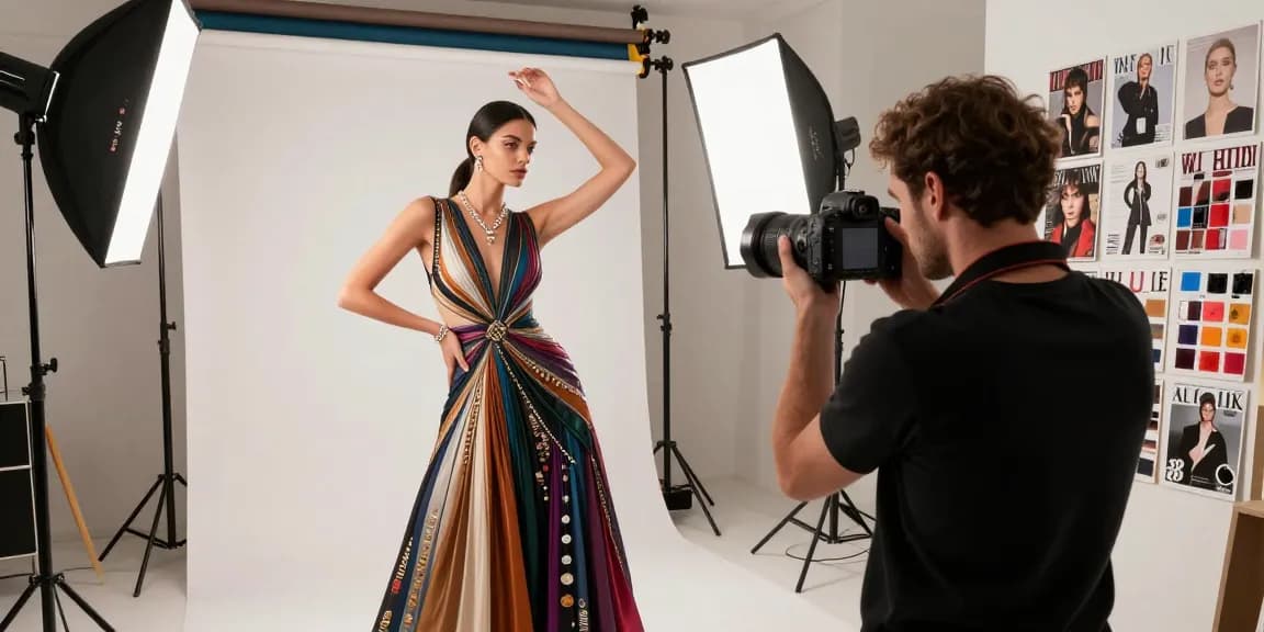 Studio photographique Milano avec modèle en robe de créateur, éclairage professionnel et ambiance créative.