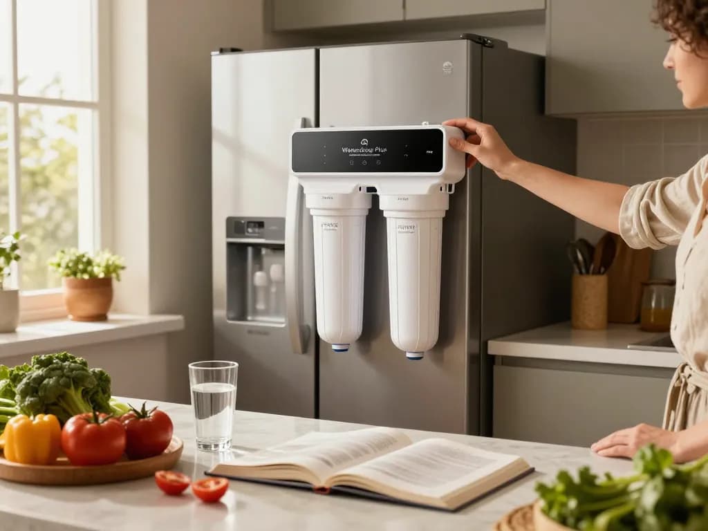 Person installing the Waterdrop Plus WDP-F19C Replacement for GE® RPWFE® filter in a modern kitchen, emphasizing healthy drinking water.