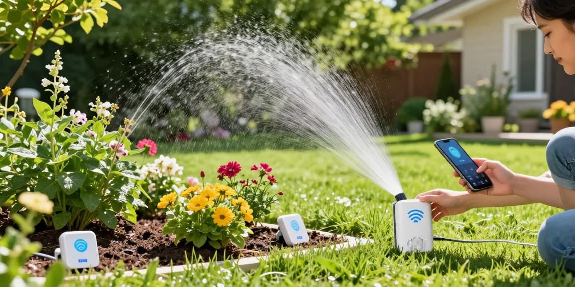Homeowner using wifi sprinkler controller in a lush garden environment.