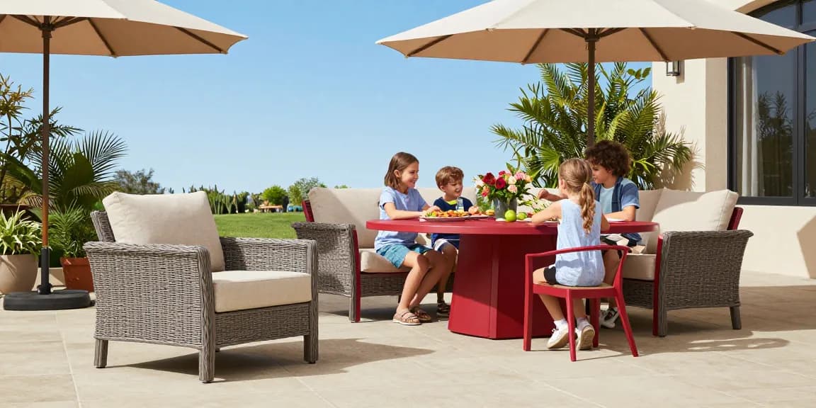 Durable outdoor furniture showcased in a lively outdoor patio scene with families enjoying meals.