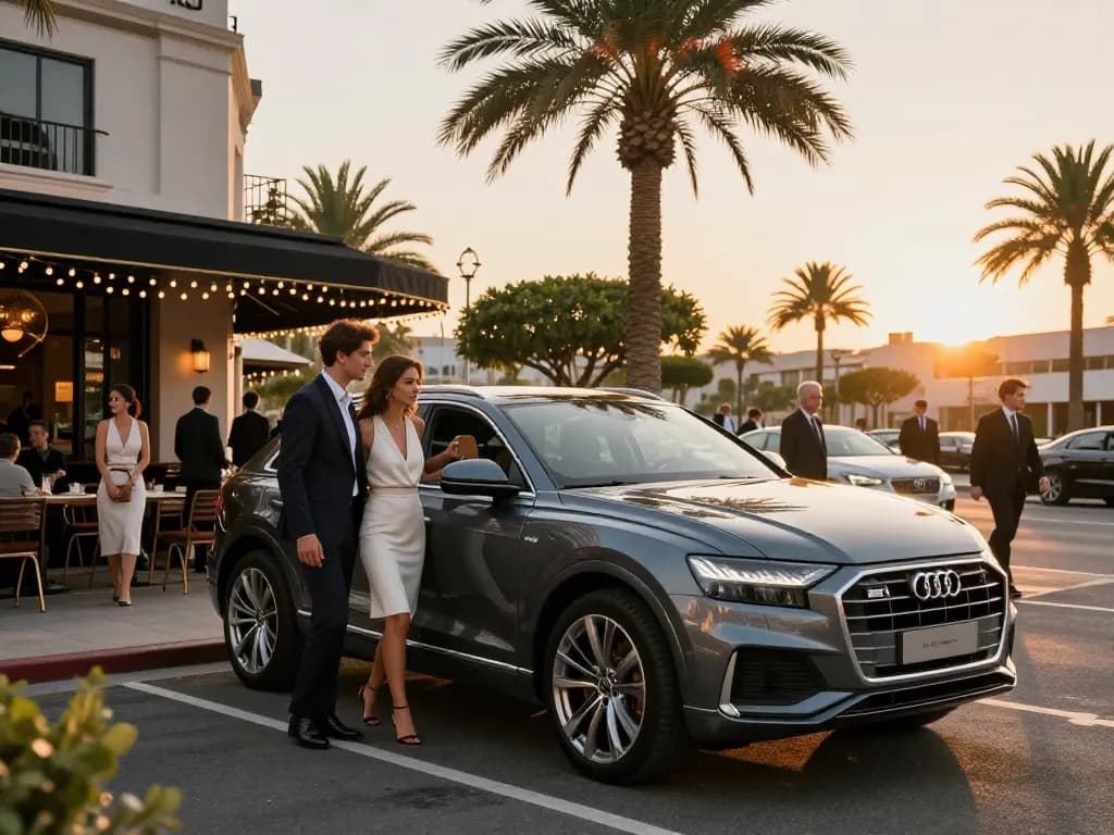 Dịch vụ cho thuê xe ô tô hạng sang với cho thuê xe ô tô hạng sang có một chiếc Audi Q8 trong bối cảnh đô thị cao cấp vào lúc hoàng hôn, cặp đôi phong cách bước ra.