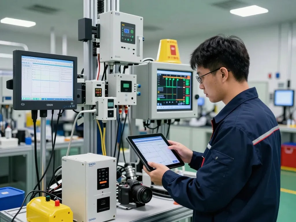 Technician at Hải Phòng Tech interacting with advanced sensors and PLC equipment in a modern factory.