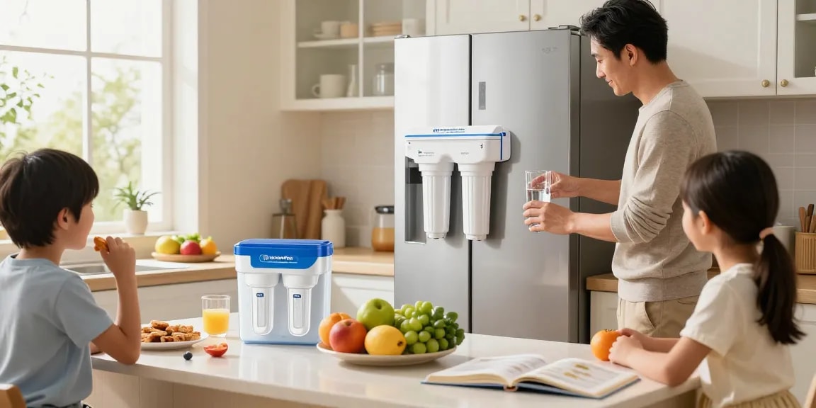 Family enjoying fresh water from the Waterdrop Plus ADQ73613401 NSF 401&53&42 Certified Refrigerator Water Filter and Air Filter in a cozy kitchen.