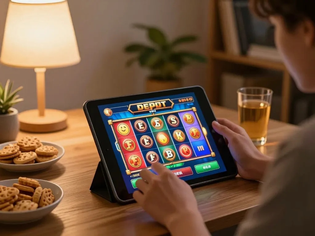 Experience exciting gameplay while playing slot depo 1k on a tablet during a cozy evening at home.