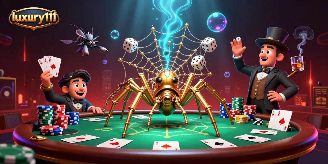 Engage in vibrant gameplay at luxury111 with golden spider and poker elements weaving a captivating scene.
