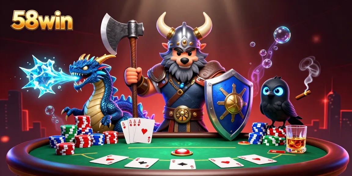 Play poker with 58win featuring a Viking wolf warrior, dragon, and vibrant casino elements