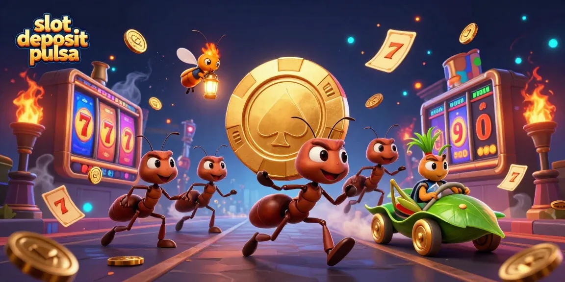 Visualisasi slot deposit pulsa dengan tim semut menjalankan misi membawa chip emas raksasa untuk menang jackpot.