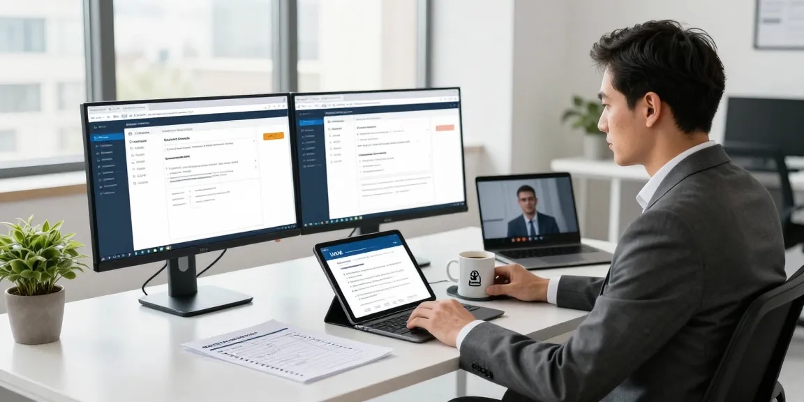 Consultant reviewing Cyber Essentials Plus cost certification requirements in modern office.
