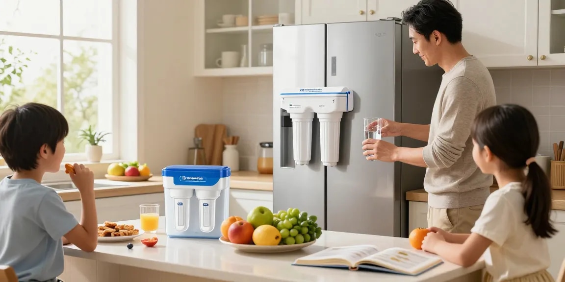 Family enjoying fresh water from the Waterdrop Plus ADQ73613401 NSF 401&53&42 Certified Refrigerator Water Filter and Air Filter in a cozy kitchen.