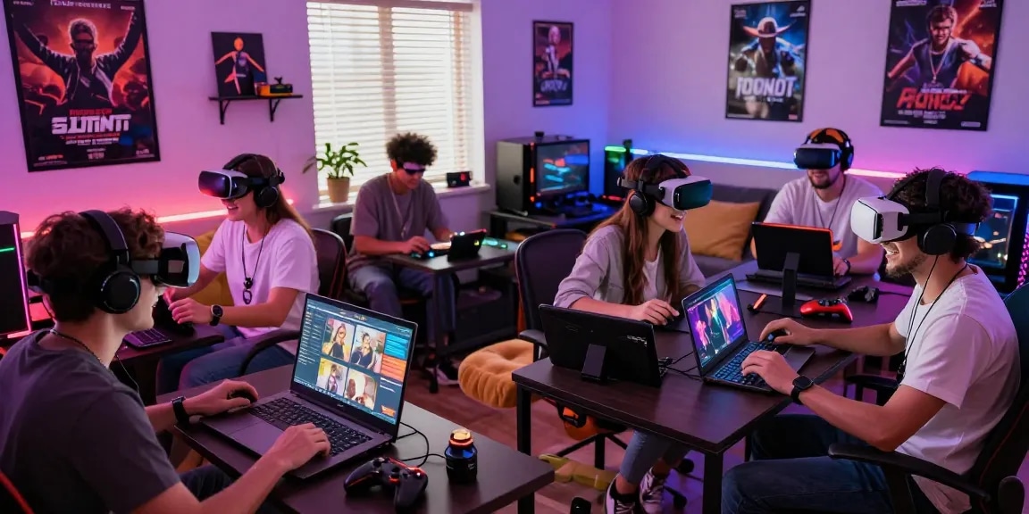 Gamers experiencing porngames on devices in a vibrant gaming space.