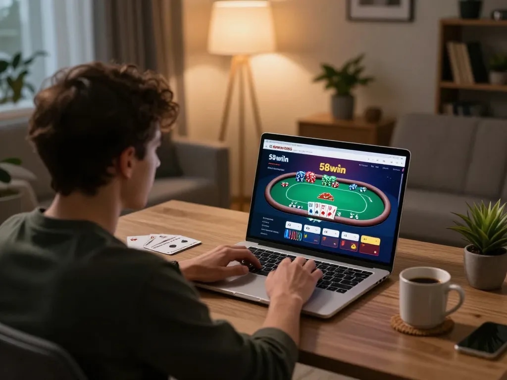 Player engaged on 58wiin online platform, showcasing poker gameplay in a cozy home setting