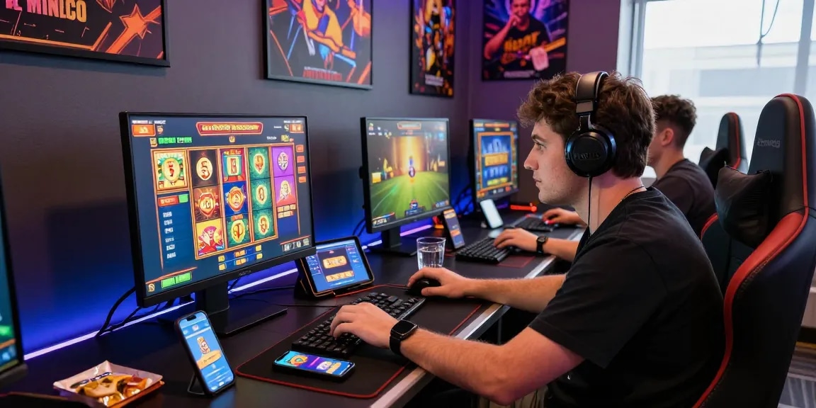 Player engaged in an online slot game, colorful reels and gaming devices on a modern desk.