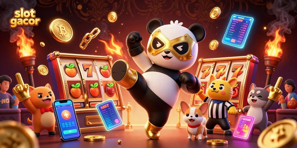 Engage with slot gacor in an energetic scene with a panda wrestler and animal fans amidst jackpot symbols and crypto coins.