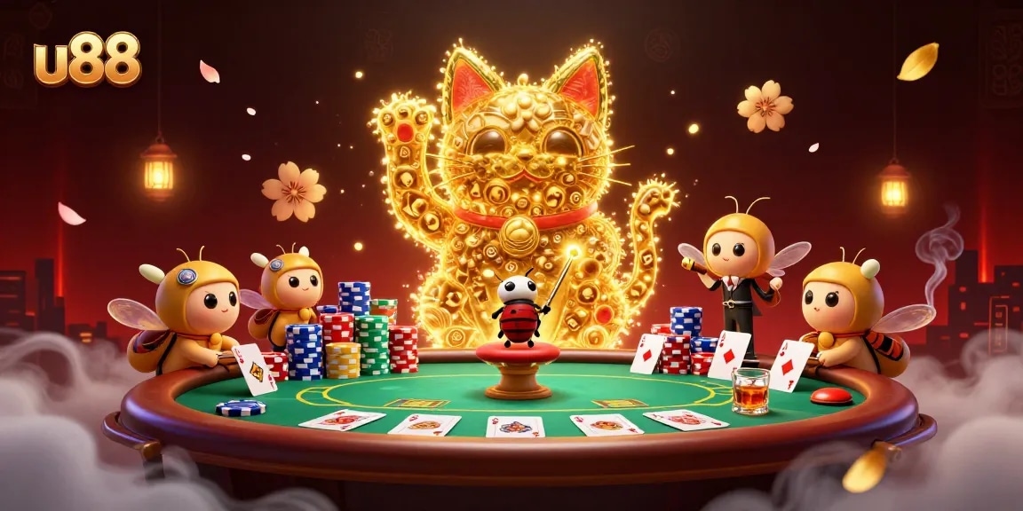 Engage with u88's vibrant illustration showcasing casino excitement and lucky elements.