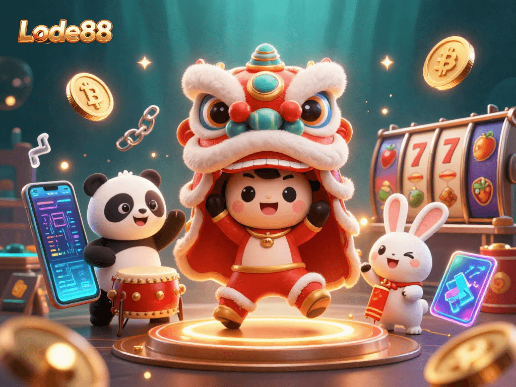 Lode88 casino scene featuring a vibrant lion dance with crypto symbols and slot elements.