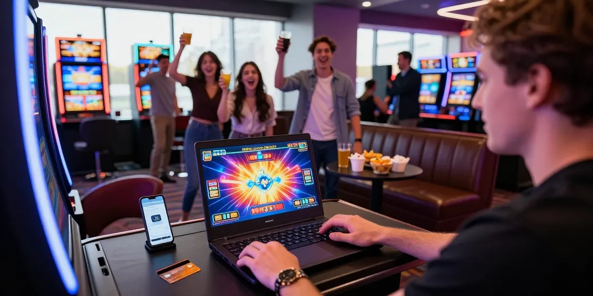 Exciting gameplay at a credit card casino with a laptop, credit card, and friends celebrating together.
