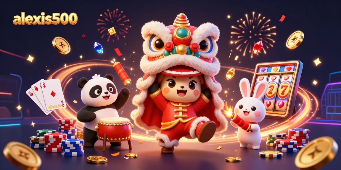 Experience the excitement of alexis500 with a vibrant lion dance illustration filled with casino elements.