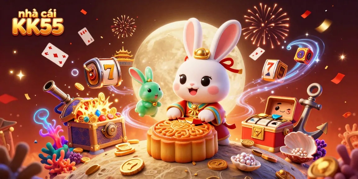 Experience the excitement of nhà cái KK55 with a charming moon rabbit illustration showcasing festive casino elements.