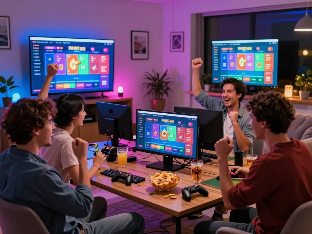 Friends enjoying a lively game night featuring MM88 online betting platform.