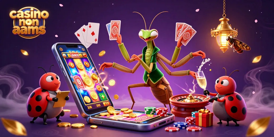 Gioca nei casinò non AAMS con un mantide e una coccinella in un'illustrazione vivace.