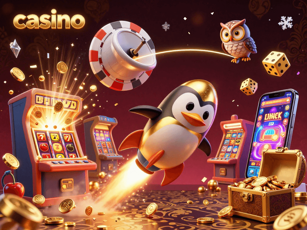 Experience the thrilling casino with a golden penguin flying to a poker chip station in space.