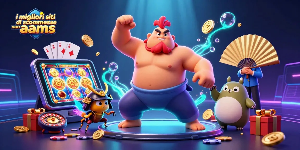 Esplora i migliori siti di scommesse non AAMS con un lottatore di sumo, un grillo samurai e un tanuki in un'illustrazione animata.