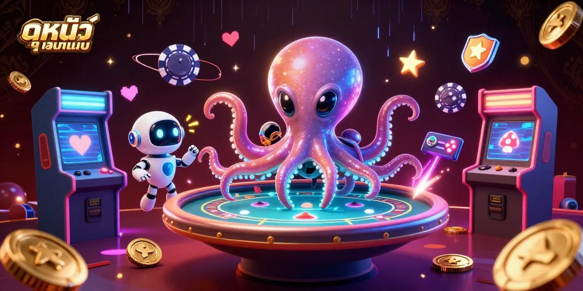 Experience ดูหนังออนไลน์ with an alien octopus at a holographic poker table, surrounded by colorful gaming elements.
