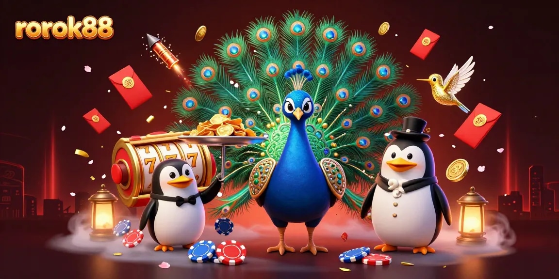 Engage with rokok88's vibrant casino adventure featuring a peacock and a penguin amidst golden chips and colorful fireworks.