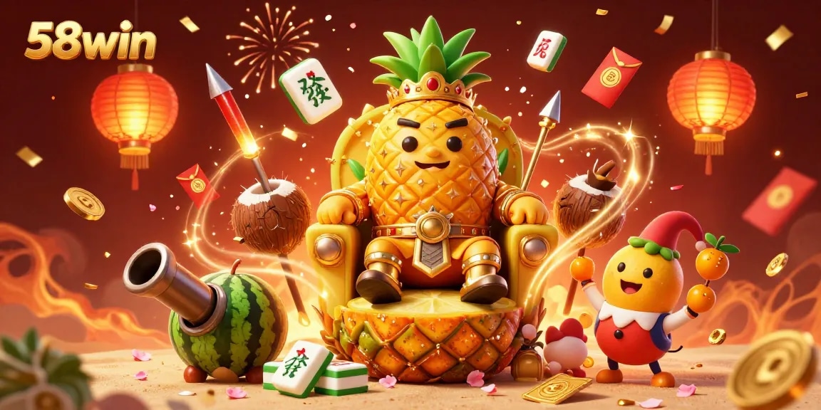 Experience 58win's vibrant beach casino with a golden pineapple king and festive elements.