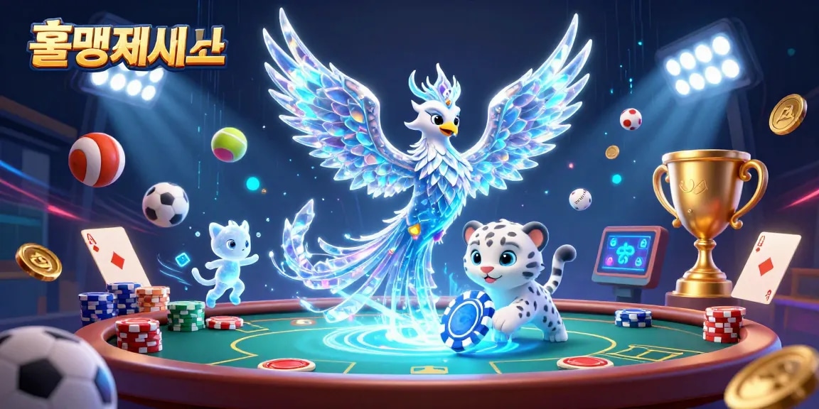 홀덤사이트에서 포커 게임을 즐기는 귀여운 얼음 피닉스와 눈표범 아기, 그리고 빛나는 얼음 정령들의 움직임